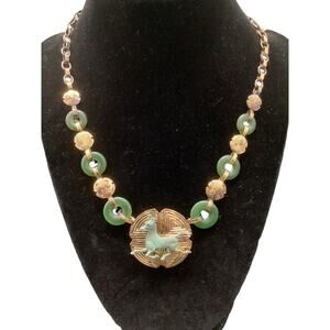 Vintage 1989 22K Gold Plated Over Sterling Silver Necklace Horse Pendant Jade